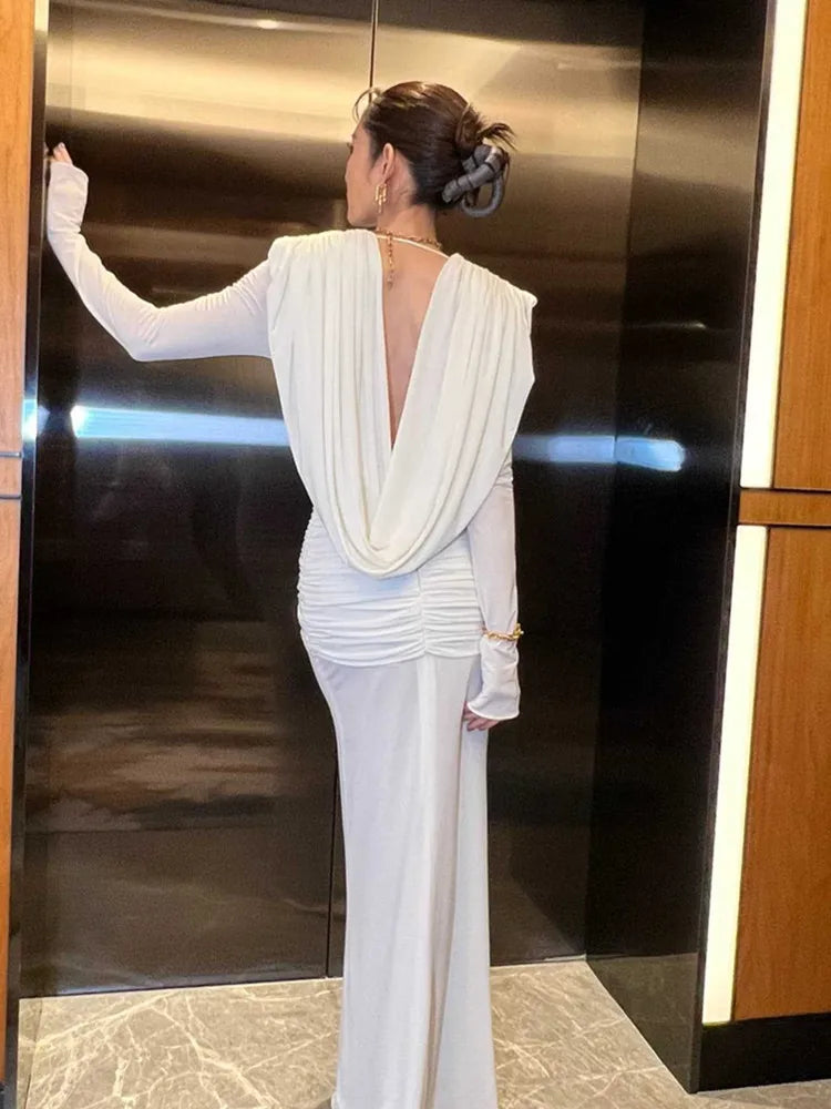 Women Celebrity Sexy Long Sleeve Deep V Neck Ruched White Maxi Long Gowns Dress 2025 Elegant Evening Party Club Vestido