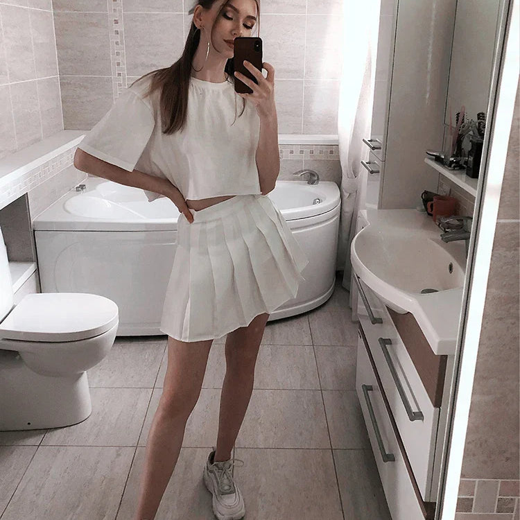 High Waist Solid Pleated Mini Skirt for Women Summer Spring Korean Preppy Style Fashion Cute A-line Skirts Y2K Skort Clothes
