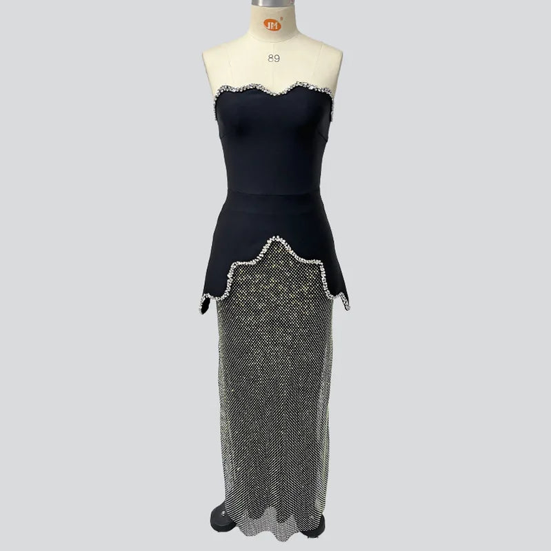 High street new black design sleeveless tube top short top + hot diamond skirt suit evening dress