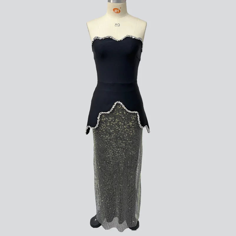 High street new black design sleeveless tube top short top + hot diamond skirt suit evening dress