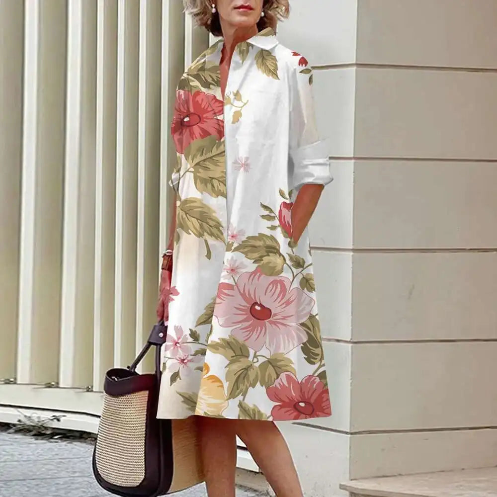 Vestidos de camisa elegantes femininos, moda outono, florais, manga comprida, soltos, linha A, vestidos femininos para escritório, vermelho, verde, lapela