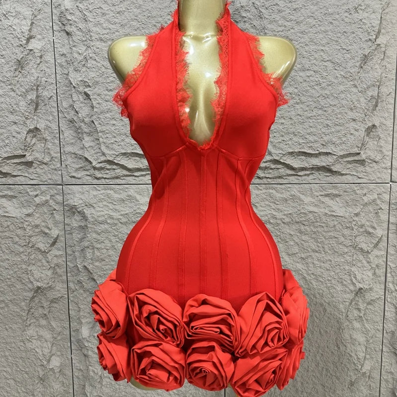 2015 Summer New Red Sexy Hanging Neck Deep V-neck Heavy duty Flower Mini Bandage Dress Sexy Fashion Party Dressn