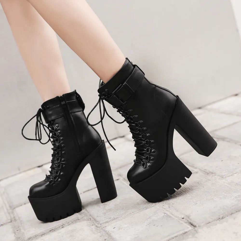 Women's Platform Chunky High Heel Ankle Boots Black Buckle Strap Lace Up Side Zipper Motorcycle Boots Punk Style Shoes