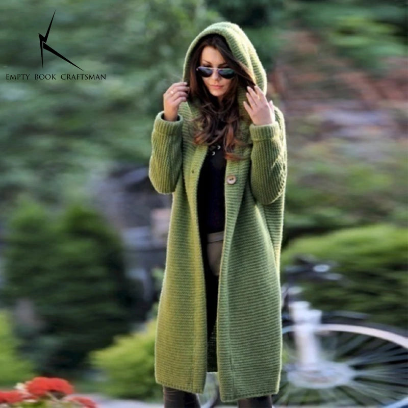 Cashmere Cardigan in Autumn and Winter Women'sloose Long Sleeve Sweater Solid Color Knitted Long Thickened Top green