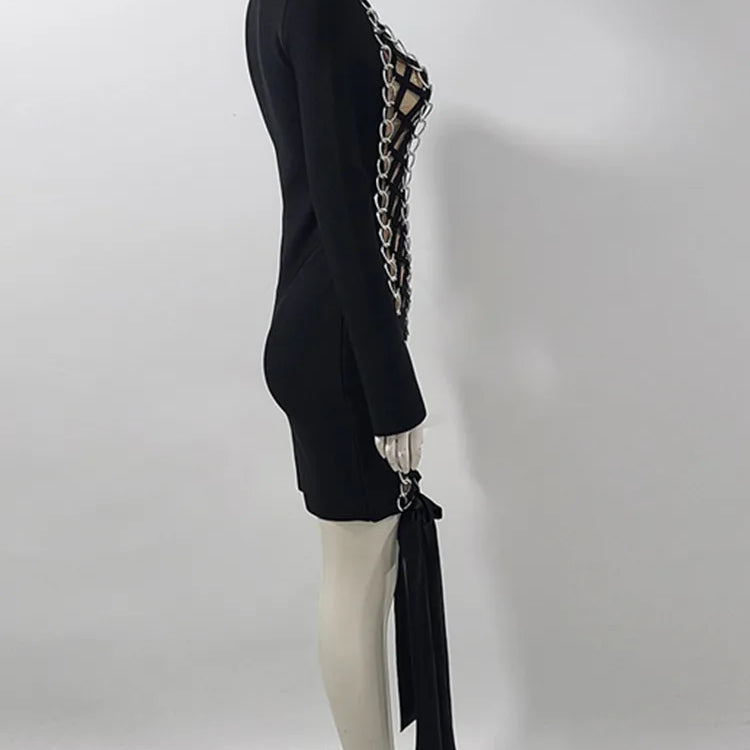 Women Celebrity Sexy Long Sleeve Lace Up Black Mini Bodycon Bandage Dress 2025 Elegant Evening Club Party Outfit