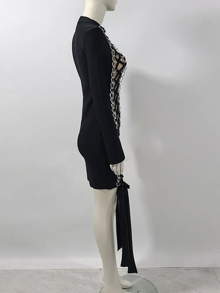 Women Celebrity Sexy Long Sleeve Lace Up Black Mini Bodycon Bandage Dress 2025 Elegant Evening Club Party Outfit