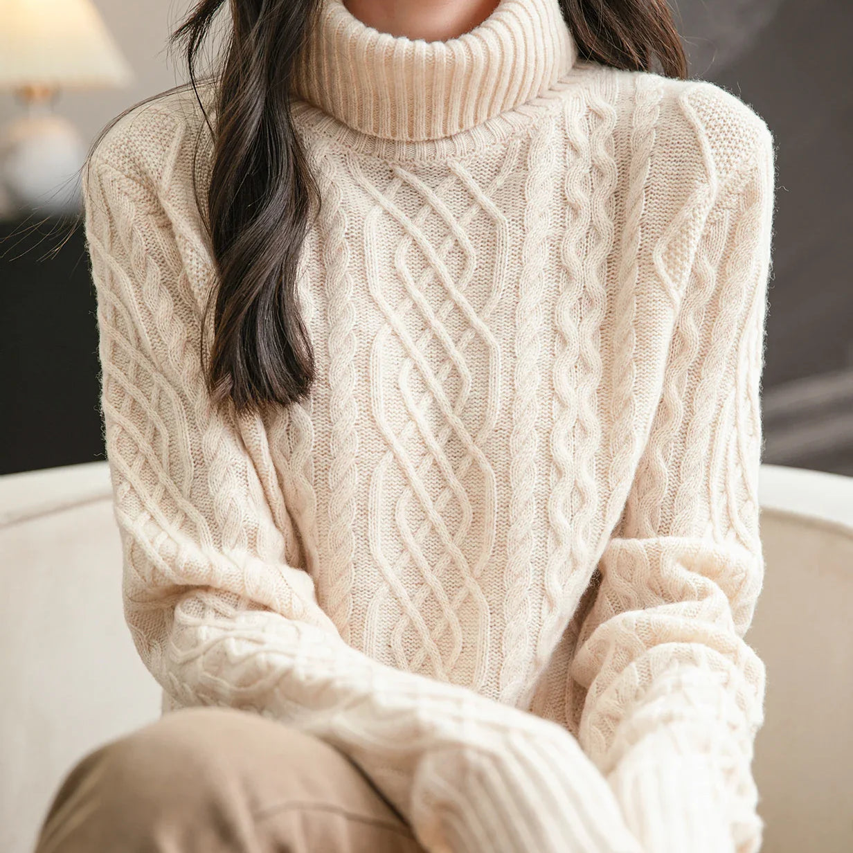 Women's 100% Merino Wool Sweater Fall Winter Turtleneck Vintage Warm Soft Long Sleeve Cable Knit Sweater for Women Knitwear