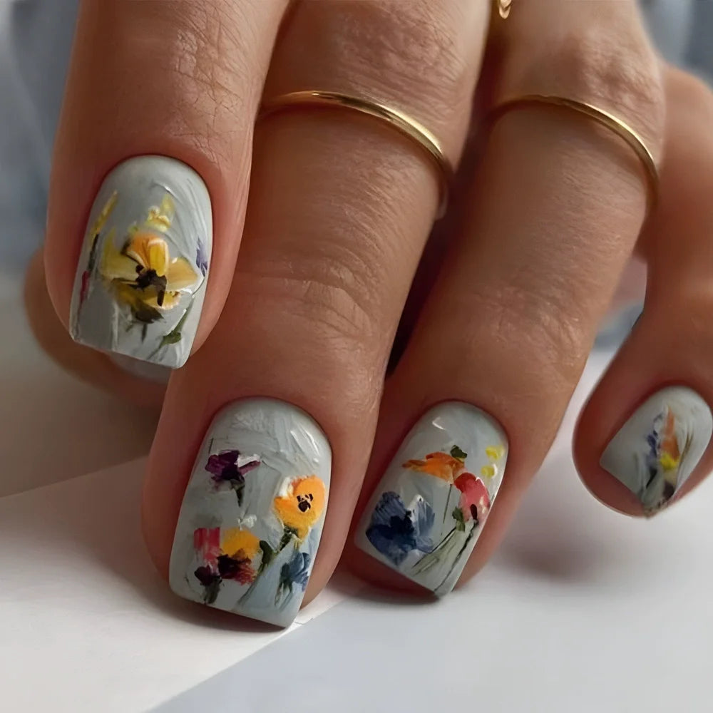 24pcs/set Floral Pattern Press-On Nail Set Mixed Color Ballet Shape Medium Length Simple Sweet Elegant Luxury Style Fake Nails