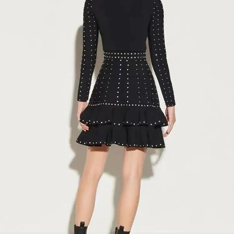 Ailigou New Women's Black Sexy Luxury Diamond Knitted Mini A-line Dress Long sleeved Ruffle Edge Layered Formal Party Dress