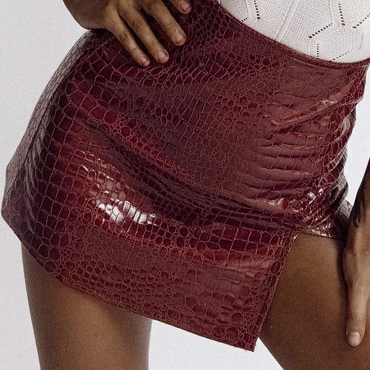 WannaThis Split Skirt Faux Leather Mini Slit Hem Black Sexy Women High Waist Skinny Short Skirt Ladies Elegant Fashion Skirt New