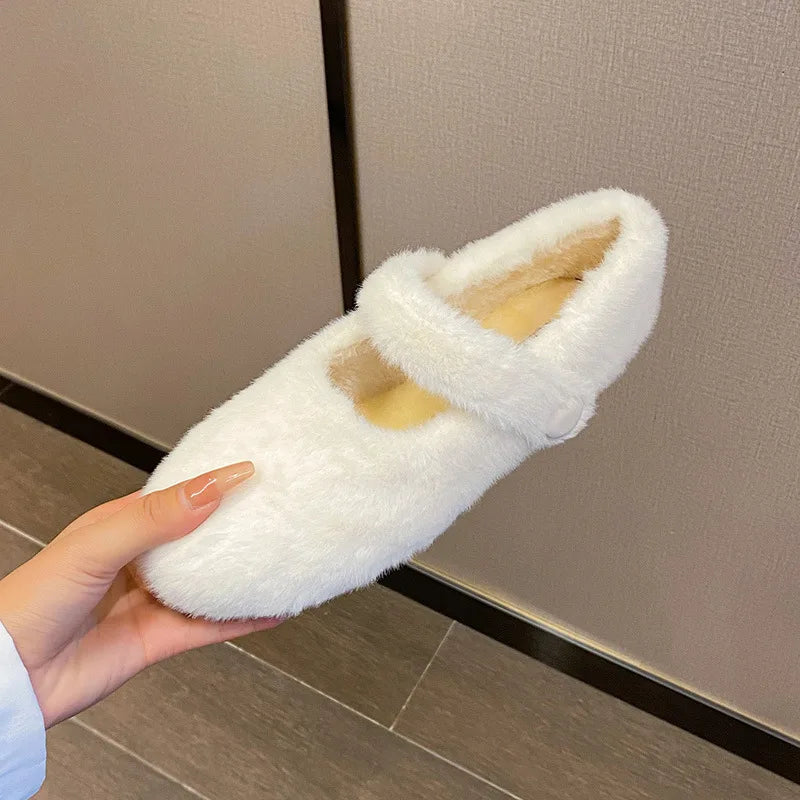 Winter Warm Women’s Plush Flat Shoes Korean style mary jane Ladies casual boat shoes Outdoor work shoes