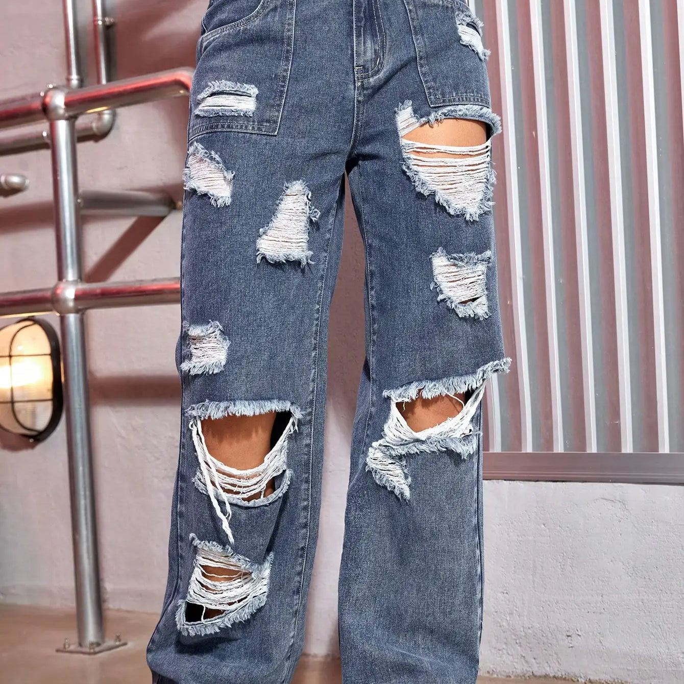 Harajuku Women Fashion Cargo Jeans Street Ripped Details Straight Leg Denim Trousers Simple Casual Baggy Pants Mujer