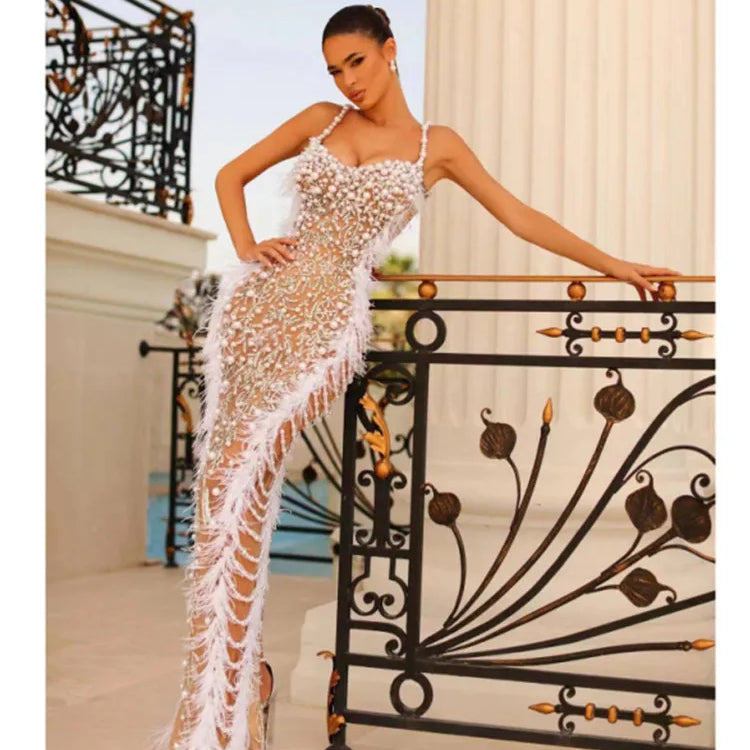 Luxury women summer white feather embroidered beaded suspender tight fitting dress, luxurious party and dinner dress