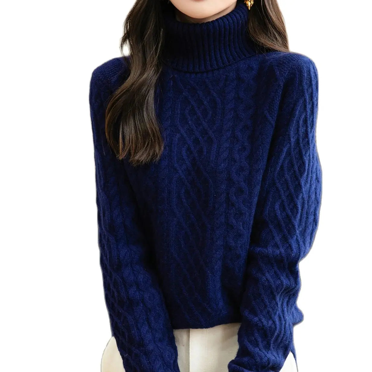 Women's 100% Merino Wool Sweater Fall Winter Turtleneck Vintage Warm Soft Long Sleeve Cable Knit Sweater for Women Knitwear Blue