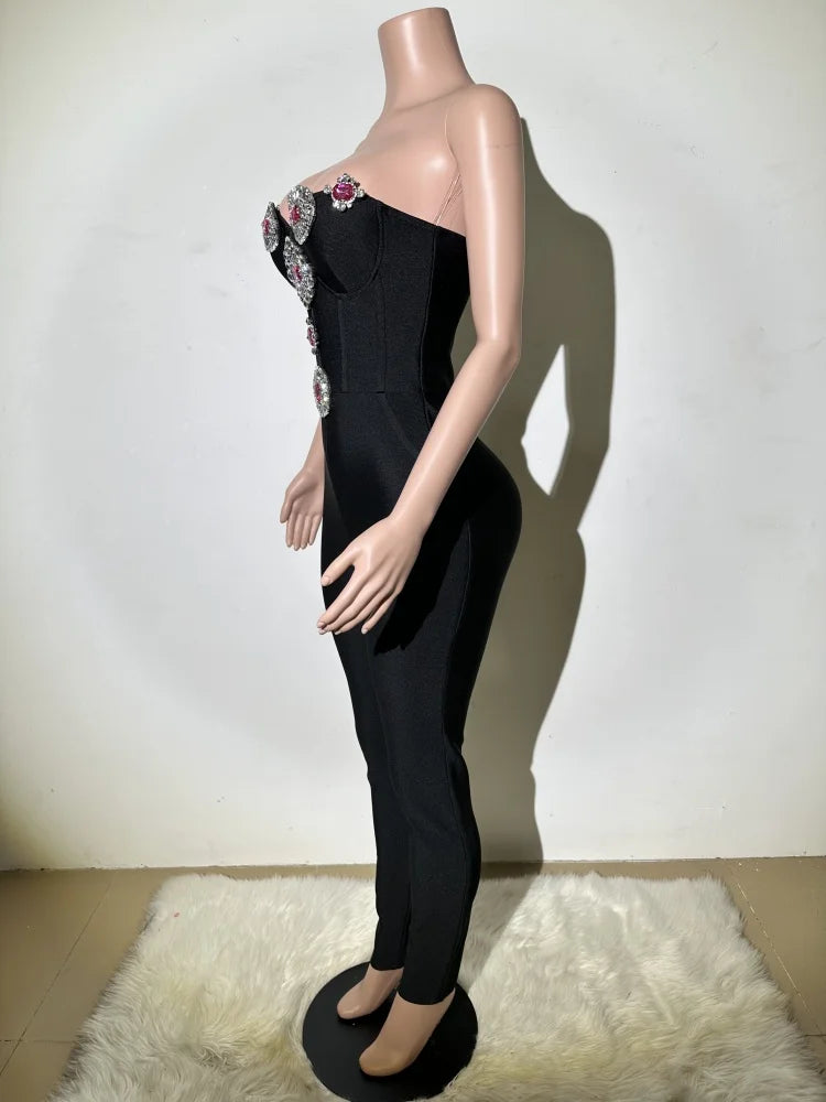 High quality women's new black sexy low cut strapless bandage jumpsuit fashionable luxury party dress