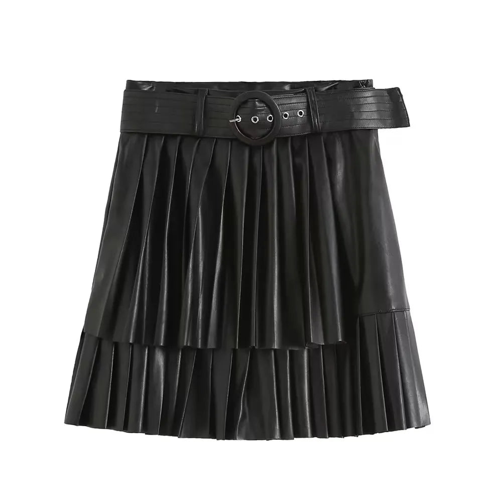 Bown Pu Leather Skirt With Belt Fashion Autumn Sprint Cascading Pleated High Waist Jupe Cuir Femme Women Falda Plisada black