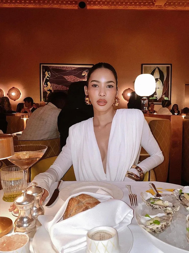 Women Celebrity Sexy Long Sleeve Deep V Neck Ruched White Maxi Long Gowns Dress 2025 Elegant Evening Party Club Vestido