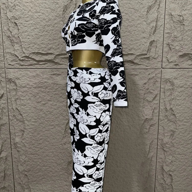 New women bandage jacquard knitted set, black and white flower jacquard short top, hip wrap skirt two-piece set