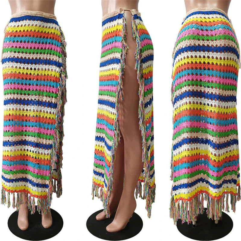 Colorful Hand Crochet Tassel Maxi Skirts Women Fashion Sexy Side High Split Knitted Long Beach Cover Ups Casual Petticoats colorful