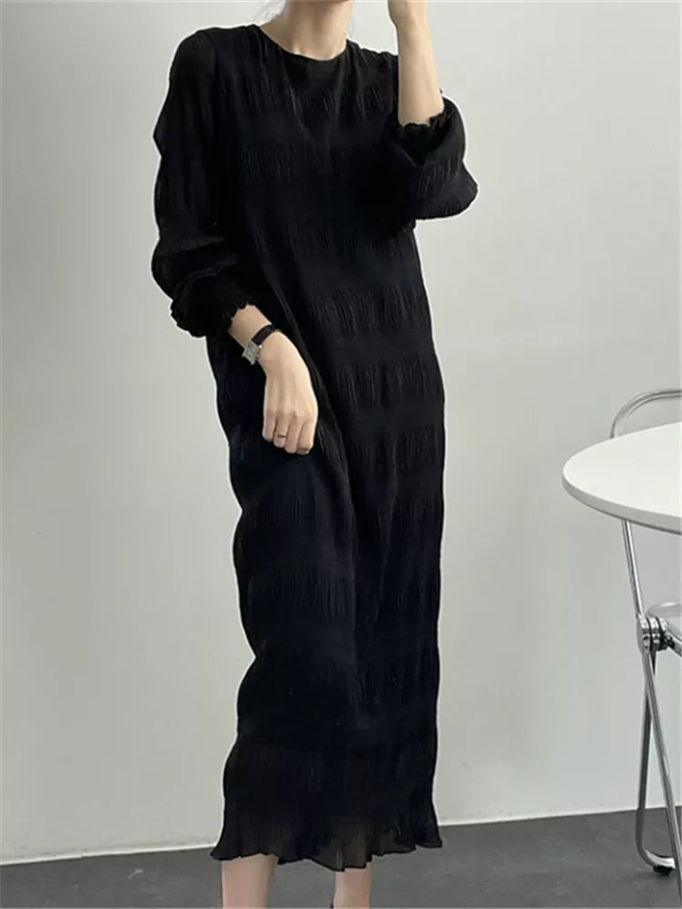 Vintage Elegant High Waist Pleated Chiffon Fashionable Korean Lady Women Spring Summer Long Dresses black One Size