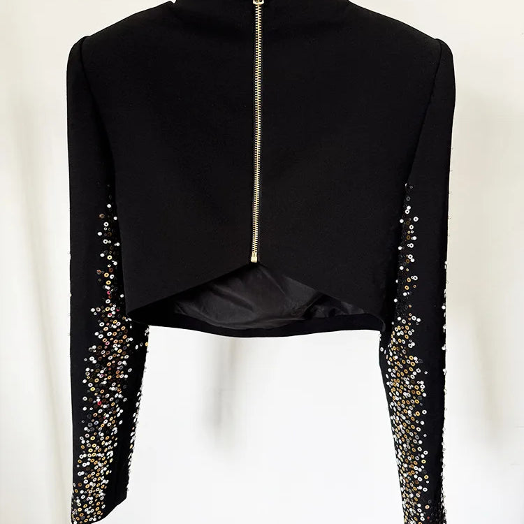 High Street Women's New Star Fashion Heavy Industry Embroidered sequin Short Top Fish Tail Half Skirt Set Two Piece Set