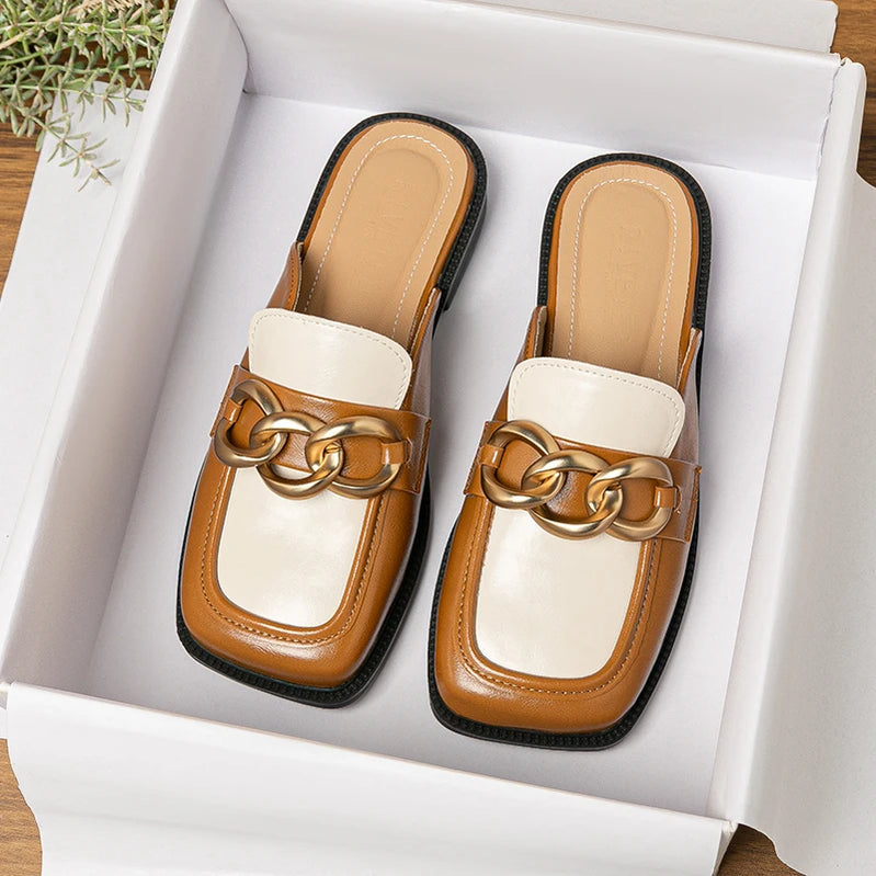 spring and autumn women wear flat slippers british style party and work wear metal chain design Ladies Casual Mules 41-43