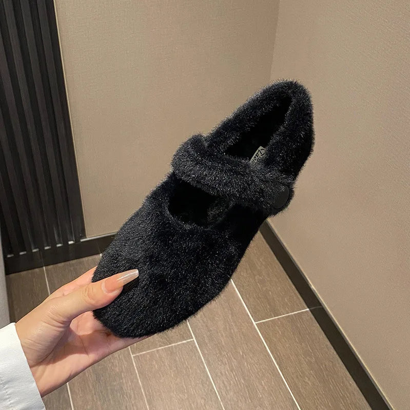 Winter Warm Women’s Plush Flat Shoes Korean style mary jane Ladies casual boat shoes Outdoor work shoes