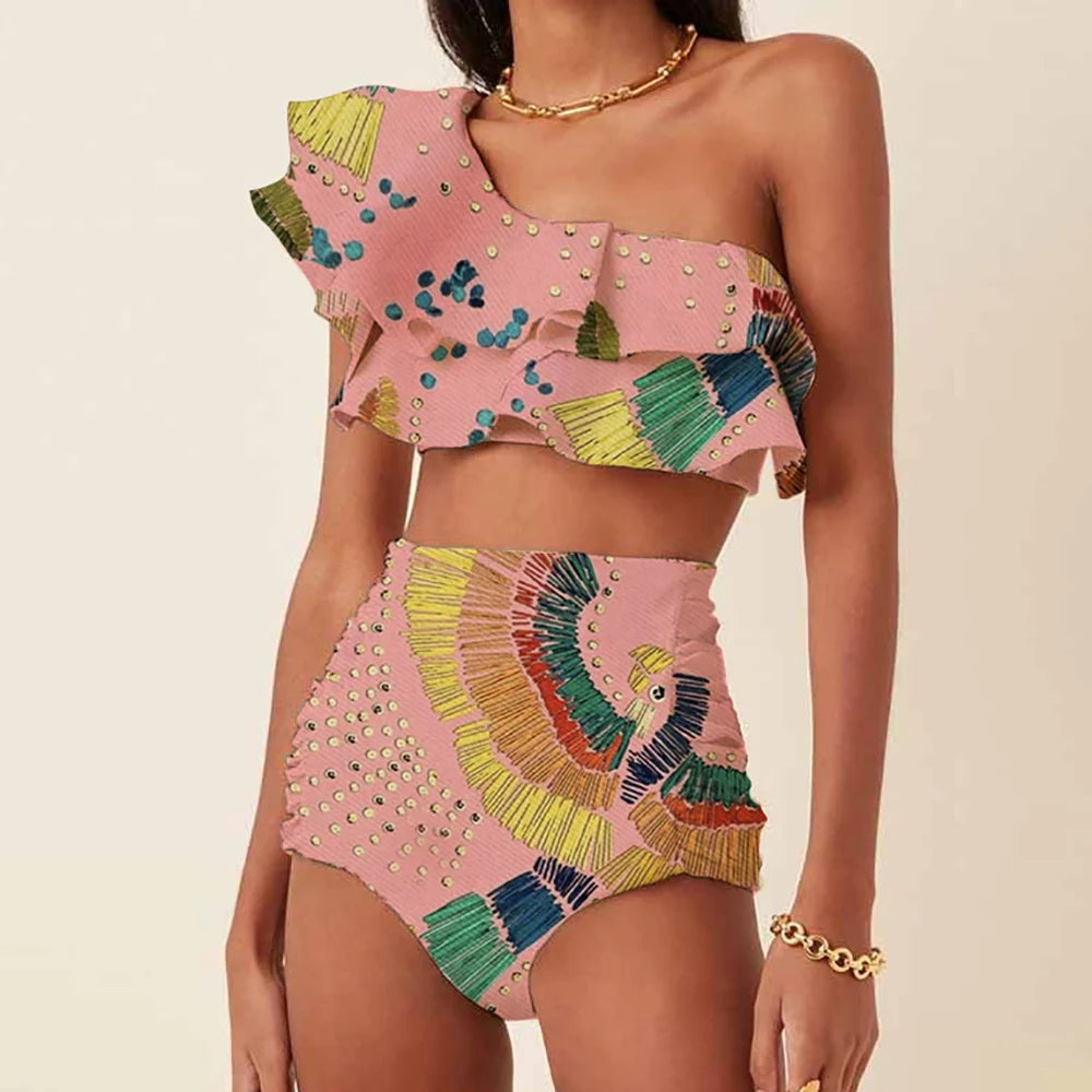 Women's Printed Ruffle Swimsuit Fashion One Shoulder Slash Breasted Bikini Two Piece High Waisted Tummy Tuck Beachwear 2023 New Pink
