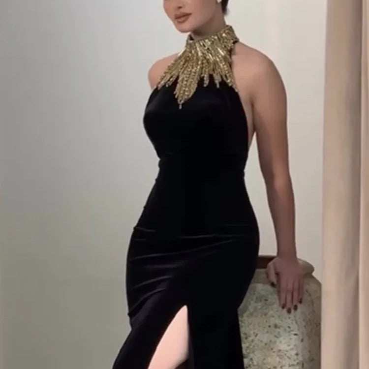 Women Celebrity Sexy Turtleneck Beading Patchwork Black Maxi Long Bodycon Bandage Dress 2025 Elegant Evening Club Party Outfit