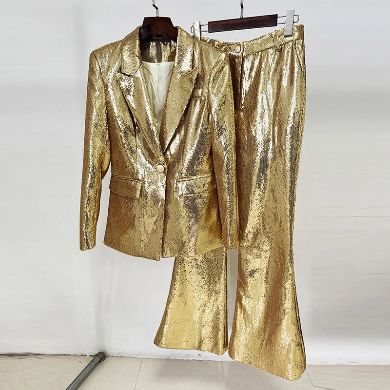 High quality star fashion gold sequin suit jacket+pants set two-piece set