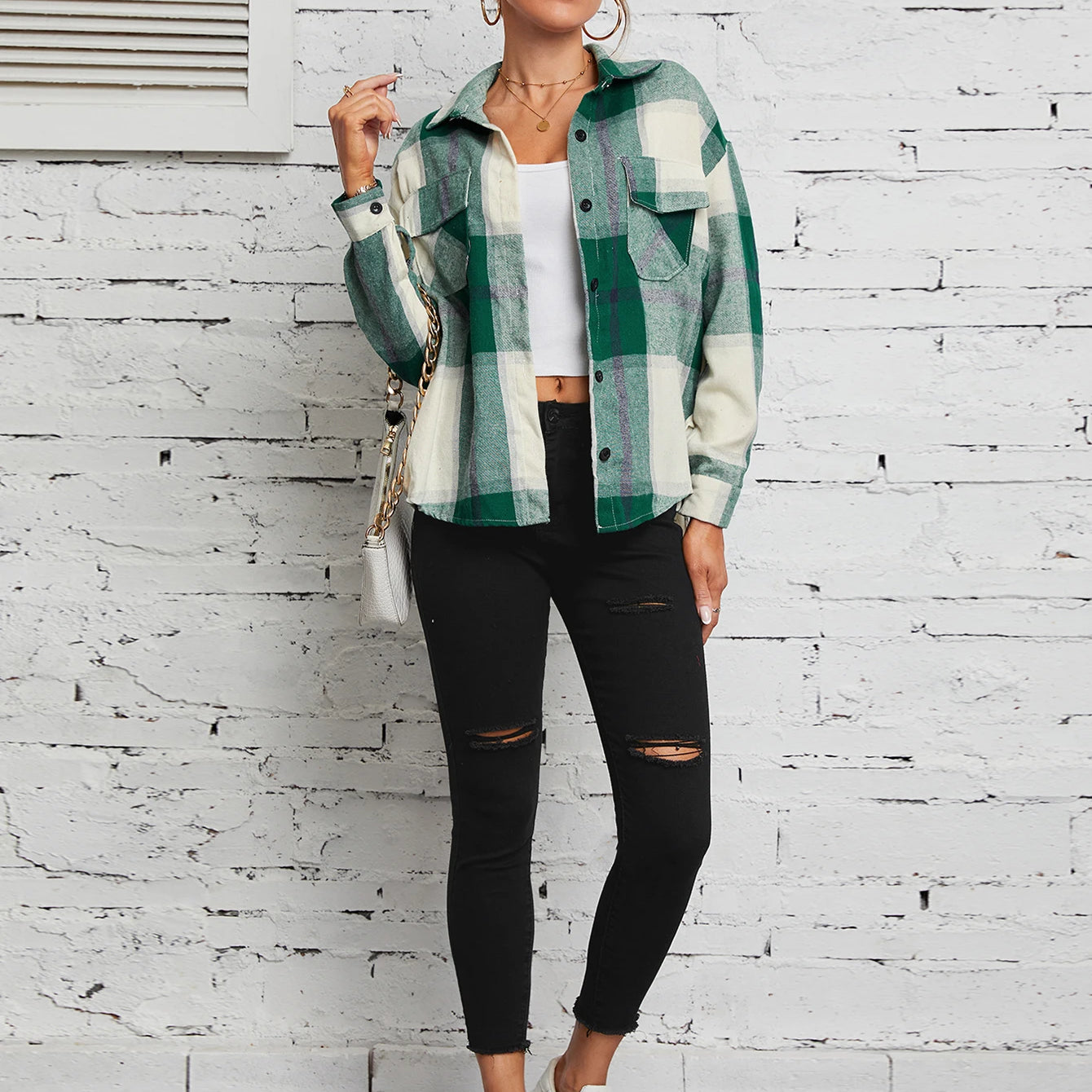 Lapel Plaid Women‘s Shirts Spring Autumn Single Breasted Brushed Long Sleeve Blouses Streetwear Girls