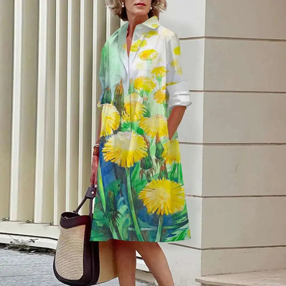 Vestidos de camisa elegantes femininos, moda outono, florais, manga comprida, soltos, linha A, vestidos femininos para escritório, vermelho, verde, lapela