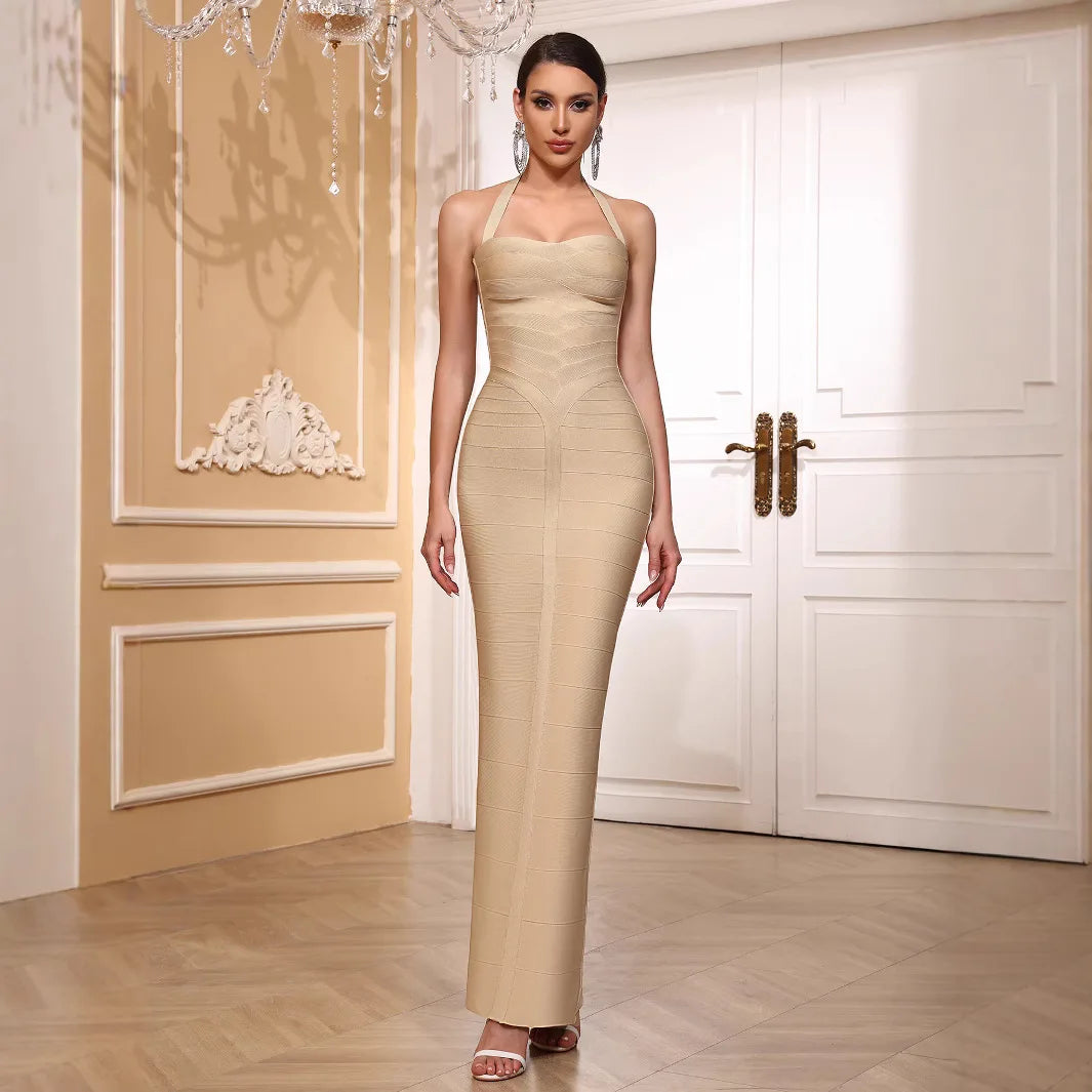 High quality women summer white pachwork sexy halter spaghetti straps slim long bandage dress fashion backless party dress