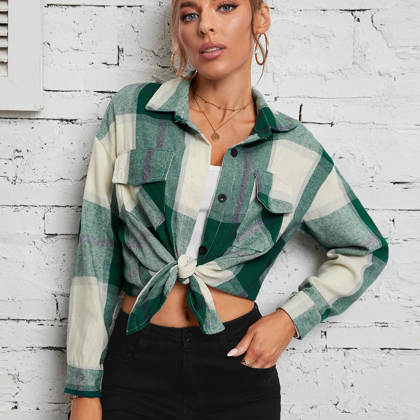 Lapel Plaid Women‘s Shirts Spring Autumn Single Breasted Brushed Long Sleeve Blouses Streetwear Girls