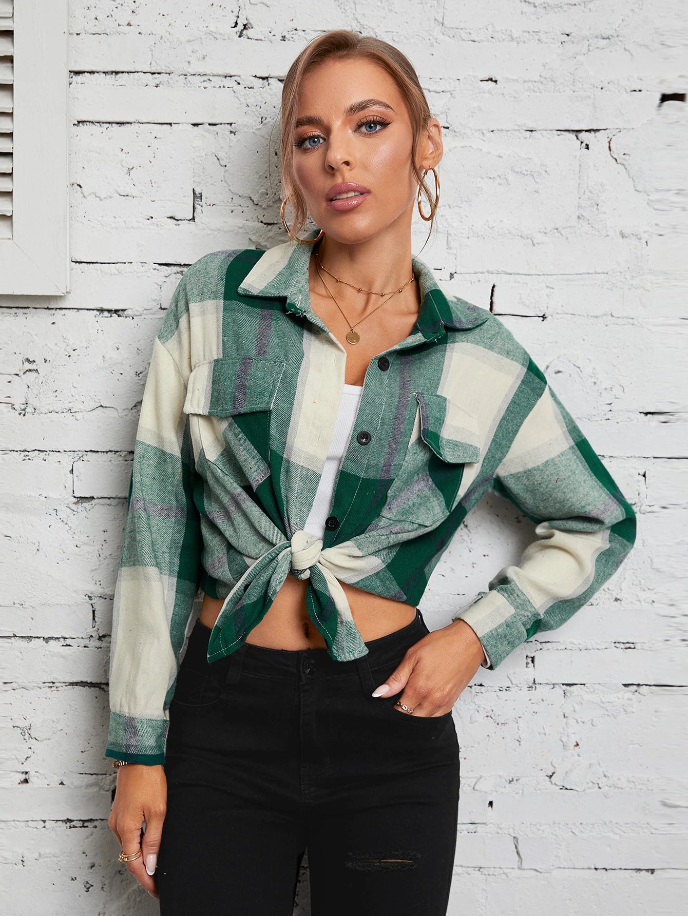 Lapel Plaid Women‘s Shirts Spring Autumn Single Breasted Brushed Long Sleeve Blouses Streetwear Girls
