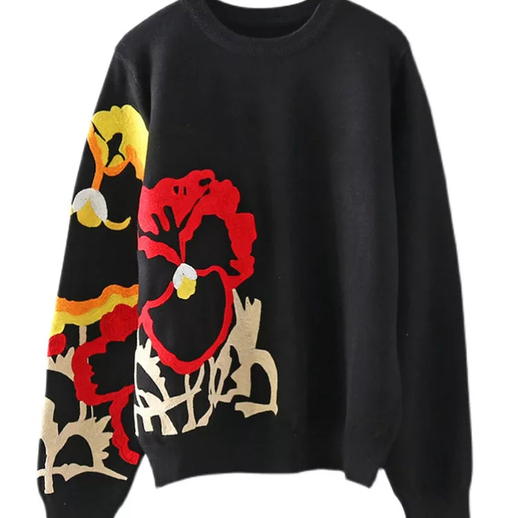 Black Floral Embroidery Pullover Women Boho Long Sleeve O Neck Autumn Winter Jumper Top Loose Knitted Sweaters