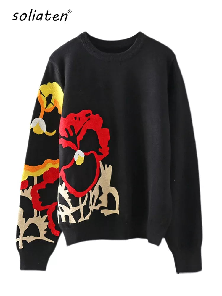 Black Floral Embroidery Pullover Women Boho Long Sleeve O Neck Autumn Winter Jumper Top Loose Knitted Sweaters