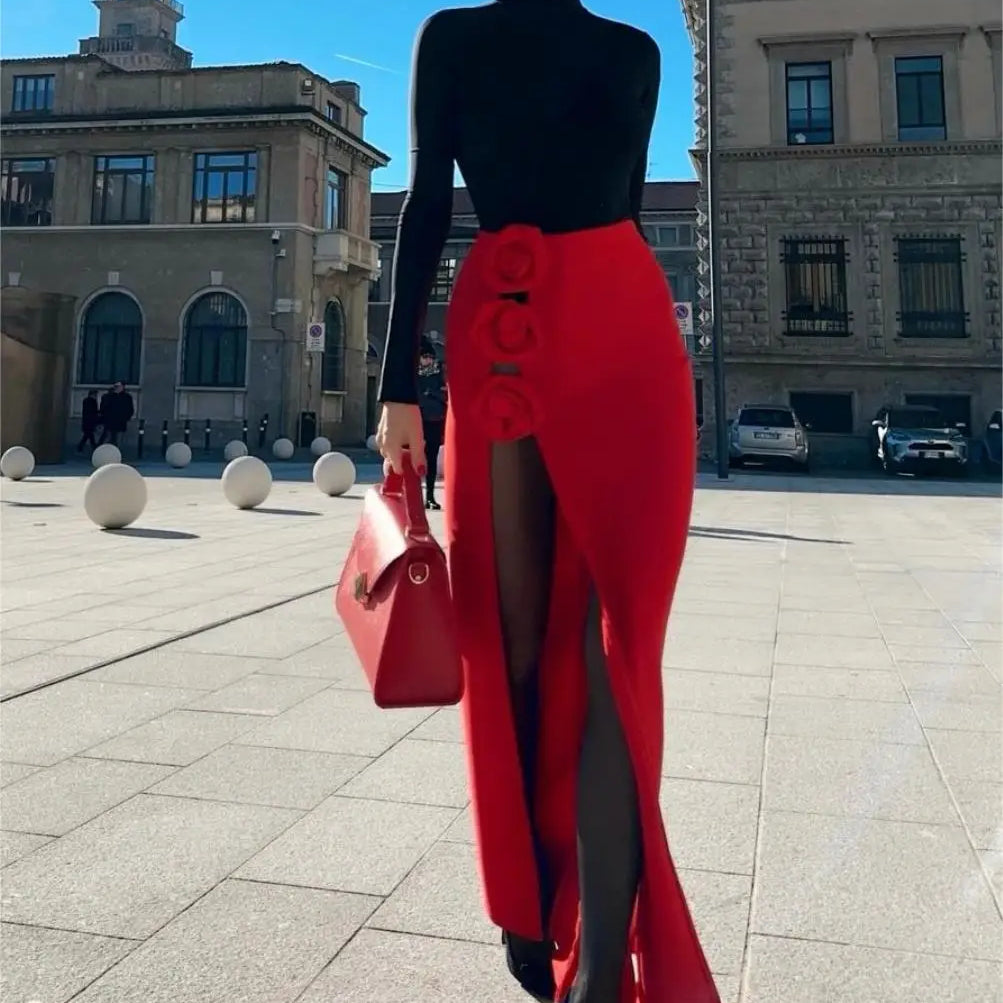 2024 summer new women's clothing red three-dimensional flower high slit bandage long skirt half skirt elegant fashion party wear