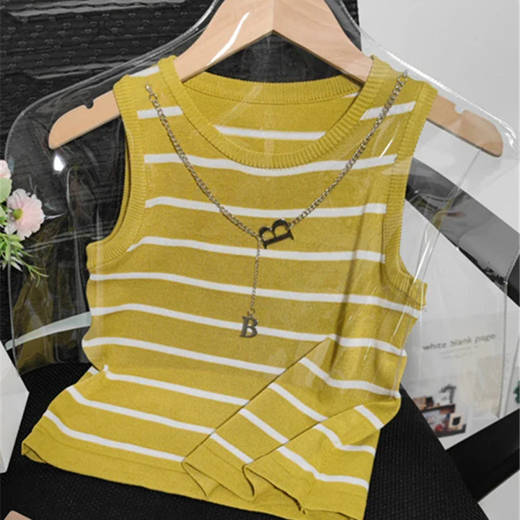 Colorfaith New 2022 Basic Bottoming Striped Chain Elasticity Vests Women Tank & Camis Autumn Winter Wild Crop Short Tops V3420DG Mustard green One Size