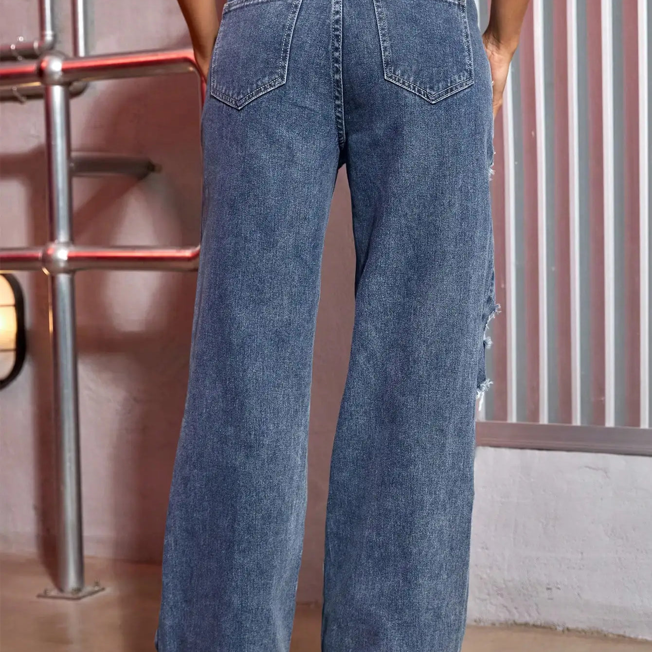 Harajuku Women Fashion Cargo Jeans Street Ripped Details Straight Leg Denim Trousers Simple Casual Baggy Pants Mujer