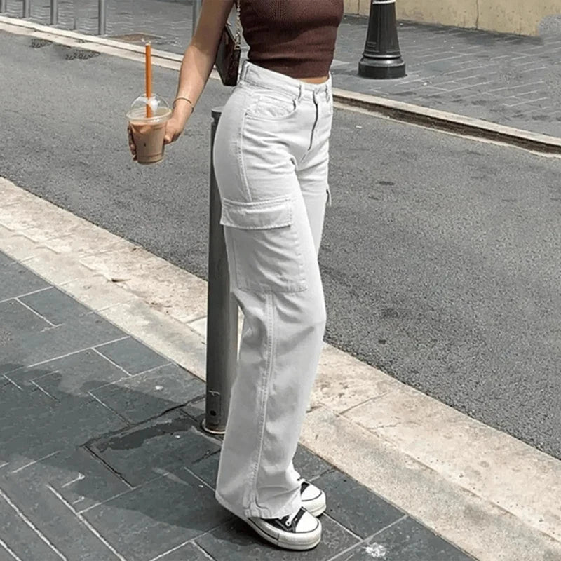 Fashion Women Cargo Pants Straight Fit Baggy Wide Leg High Waist Pants Y2K Pockets Retro Street Style Casual Trousers