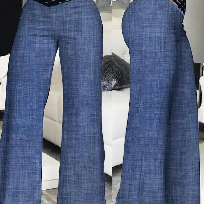 Elegant High Waist Flared Women Pants Office Casual Crisscross Sheer Mesh Patch Mesh Patch Casual Trousers Women Clothes Denim Blue