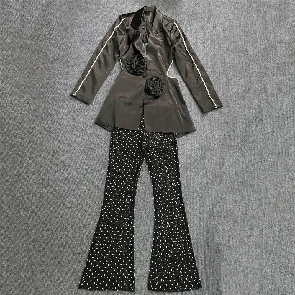 Luxury Women's New Fashion Sexy Hollow Long sleeved Top+High Waist Tight Wrap Hip Long Pants Two Piece Set Vintage