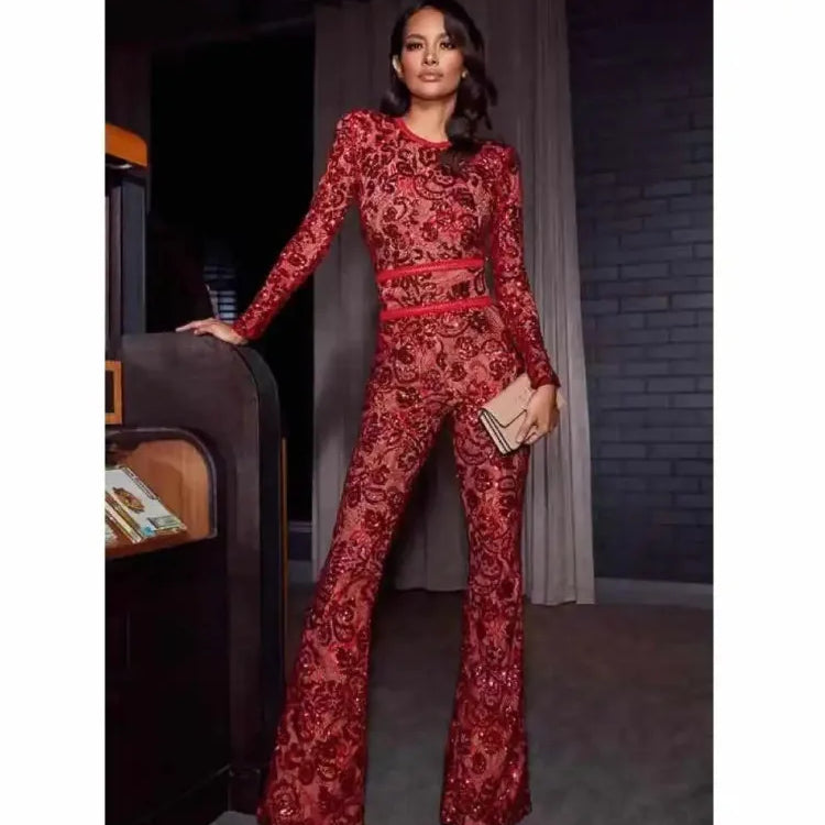 2021 Spring New Jumpsuits Hot Sale Sexy Lace Hollow Out Rompers Red Flame Pants Women's Fashion Club Street Wear