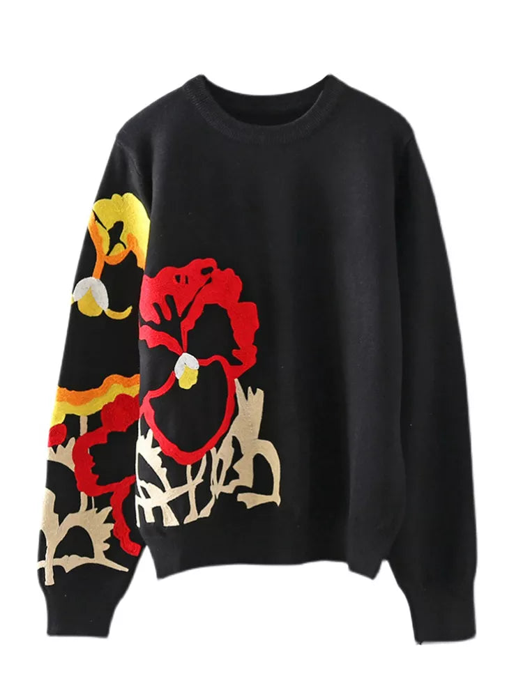 Black Floral Embroidery Pullover Women Boho Long Sleeve O Neck Autumn Winter Jumper Top Loose Knitted Sweaters MULTI