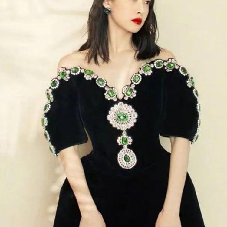 Summer Elegant black sexy strapless shoulder diamond shiny embellishments, fluffy mini party dress elegant fashion dress