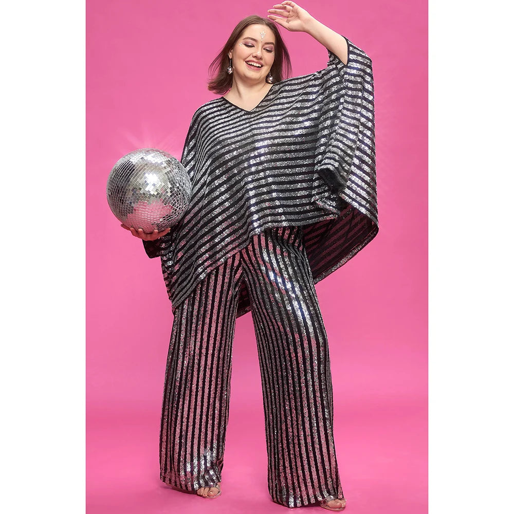 Plus Size Party Silver Fall Winter V Neck Batwing Sleeve 3/4 Sleeve Pocket Sequin Two Piece Pant Sets