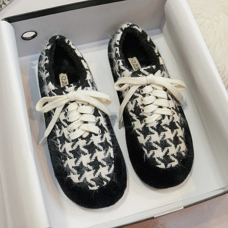winter women's plush warm shoes Korean style Lace-up loafers party and work wear Ladies' casual flats mary jane boat shoes