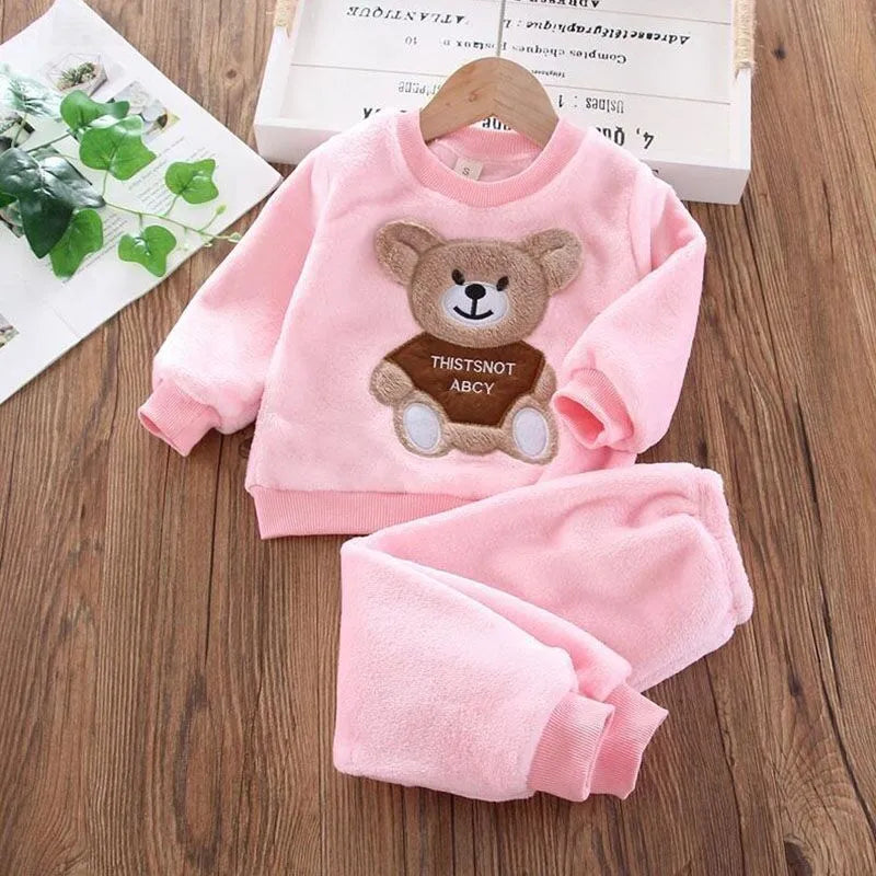 Baby Boys And Girls Clothing Set Tricken Fleece Children Hooded Outerwear Tops Pants 3PCS Outfits Kids Toddler Warm Costume Suit Pink