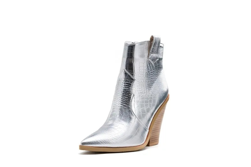 MStacchi Gold Snake Print Ankle Boots For Women Wedge High Heels Boots Woman Runway Design Chunky Heels Botas Mujer Western boot